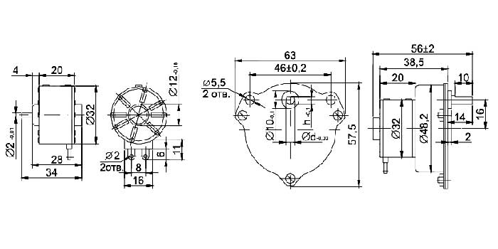 Рис.1. Габаритный чертеж электродвигателя ДСО-32-0,1-0,375