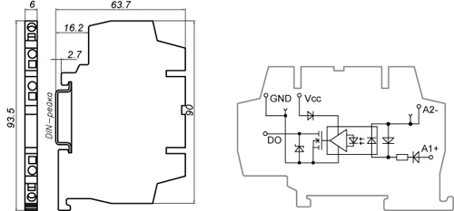 Рис.1. Габаритный чертеж модуля гальванической развязки MCD.012.113K
