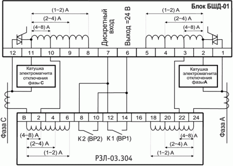 Рис.1. Схема подключения устройства релейной защиты РЗЛ-03.3хх