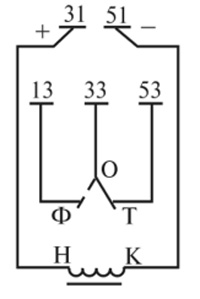 Рис.1. Схема включения обмоток и расположения контактов импульсных реле ИМШ1-1700