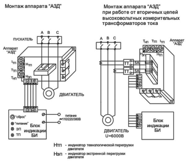 Рис.1. Схема монтажа аппарата защиты электродвигателей КОРД.У4.У5 типа АЗД